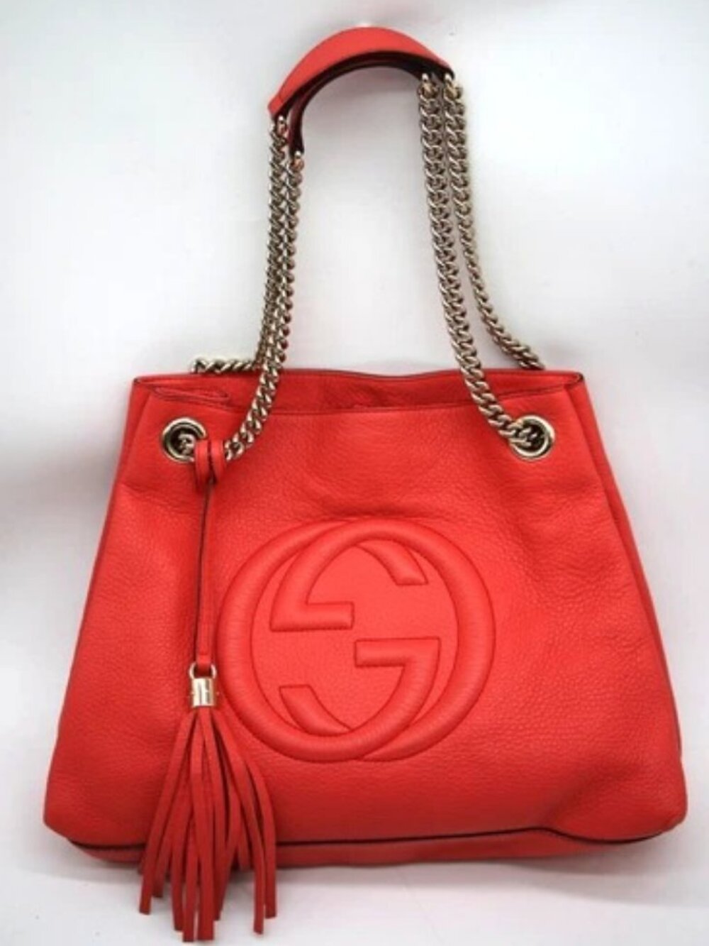 Gucci Pebbled Calfskin Interlocking G Medium Soho Chain Shoulder Bag-Tabasco Red